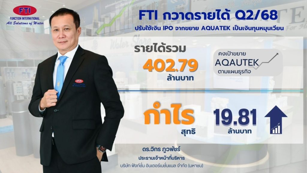 FTI กวาดรายได้ Q2/68 ที่ 402.79 ลบ. กำไร 19.81 ลบ. ปรับใช้เงิน IPO จากขยาย AQUATEK เป็นเงินทุนหมุนเวียน
