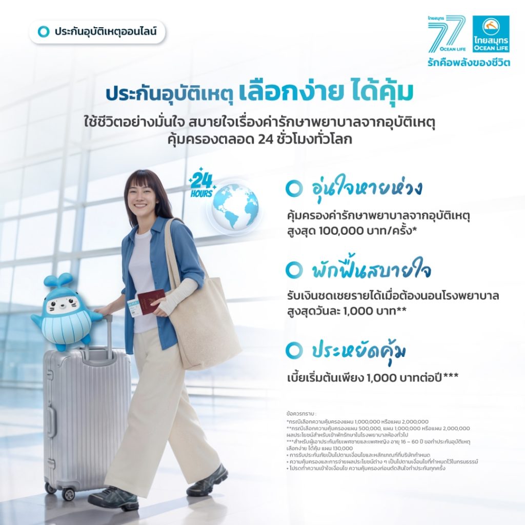 OCEAN LIFE ไทยสมุทรประกันชีวิต เปิดตัวประกันอุบัติเหตุออนไลน์ “เลือกง่าย ได้คุ้ม” ส่ง 5 แผนประกันใหม่ ให้เป็นเกราะคุ้มครองทุกกิจกรรม ใช้ชีวิตได้เต็มที่แบบไม่มีสะดุด